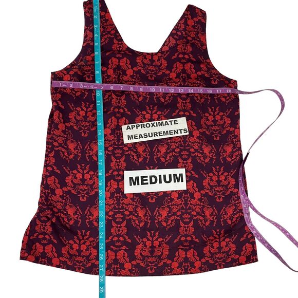 CAbi Top Style #3258 Womens Medium Cameo Print Red Purple Split Back Blouse Work - Picture 3 of 16